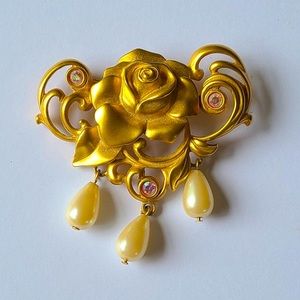 Vintage Avon Brooch Polished Goldtone w/ Faux Pearls & Aurora Borealis Crystals